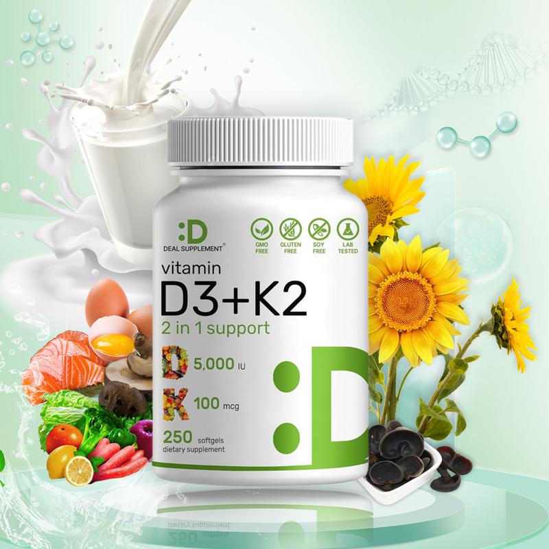 Deal Supplement Vitamin D3 & K2 250 Veggie Softgels 5000 IU D3 100mcg K2 MK7 Supports Healthy Bones Teeth Heart & Immune System Calcium Supplement