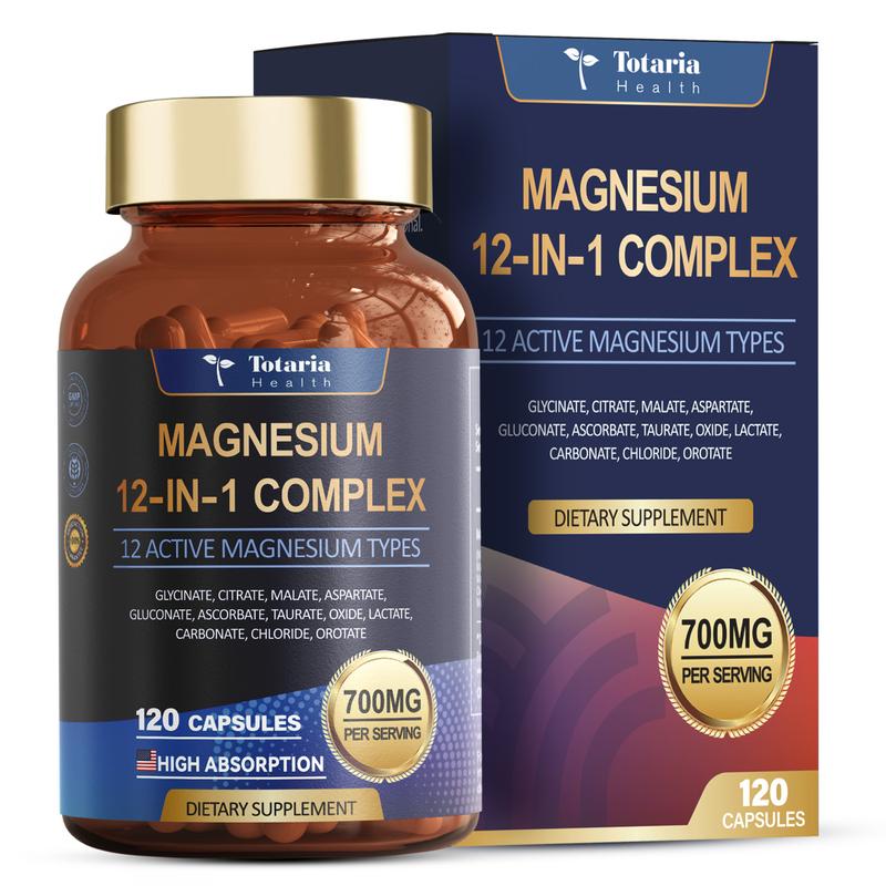 Totaria 12-in-1 Magnesium Complex 700mg – Supplement with Glycinate Citrate Malate Oxide Taurate Aspartate Orotate, Vegan Capsules for Muscle, Heart, and Relaxation Support