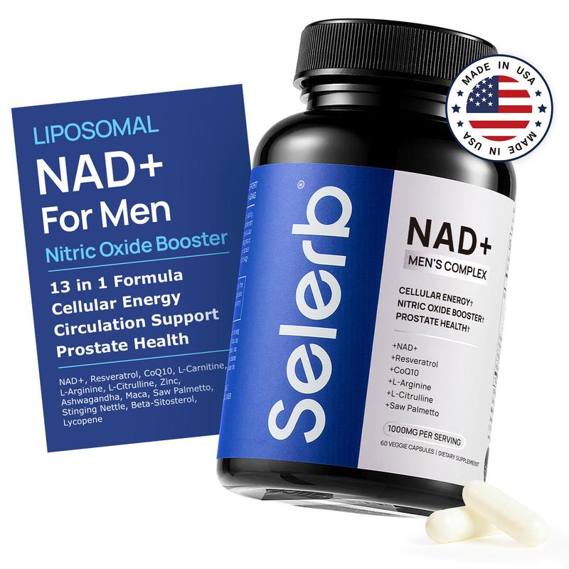 Selerb NAD+ Supplement for Men – With Liposomal-NAD+,CoQ10, L-Carnitine, L-Arginine, Maca & Ashwagandha – Energy, Circulation & Prostate Support – 60 Capsules
