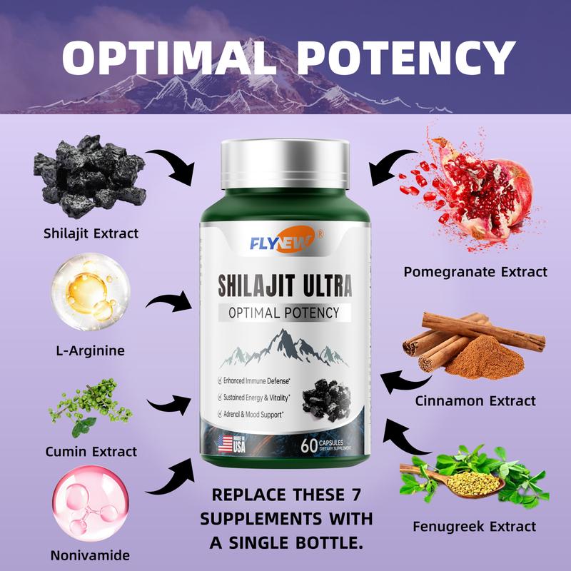 FLYNEW Optimal Potency | Shilajit Ultra | Adaptogen Energy Stamina Immune Antioxidants | Made in USA | 60 Capsules - Image 3
