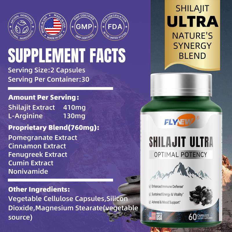 FLYNEW Optimal Potency | Shilajit Ultra | Adaptogen Energy Stamina Immune Antioxidants | Made in USA | 60 Capsules - Image 4