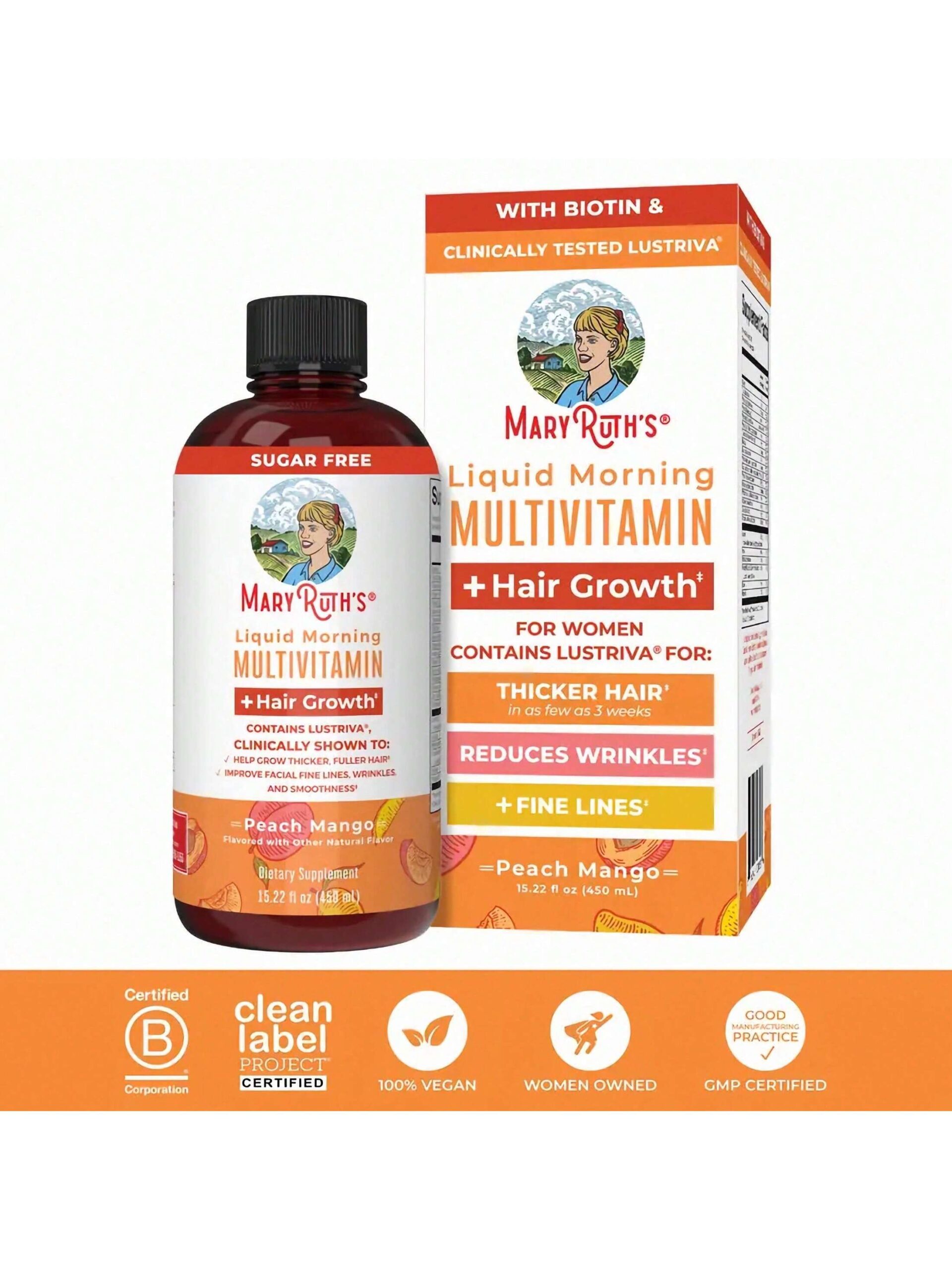 MaryRuth’s Liquid Multivitamin + Hair Growth With Clinically Tested Lustriva – Thicker Hair – Reduce Wrinkles & Fine Lines – Haircare – 15.22 Fl Oz