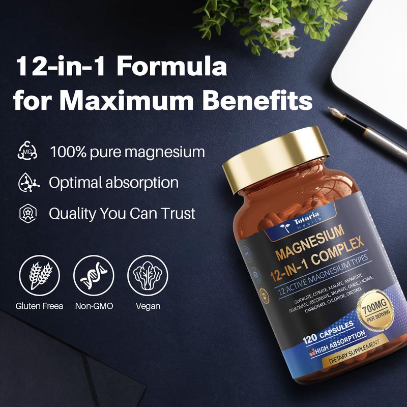 Totaria 12-in-1 Magnesium Complex 700mg - Supplement with Glycinate Citrate Malate Oxide Taurate Aspartate Orotate, Vegan Capsules for Muscle, Heart, and Relaxation Support - Image 2