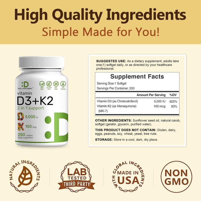 Deal Supplement Vitamin D3 & K2 250 Veggie Softgels 5000 IU D3 100mcg K2 MK7 Supports Healthy Bones Teeth Heart & Immune System Calcium Supplement - Image 3
