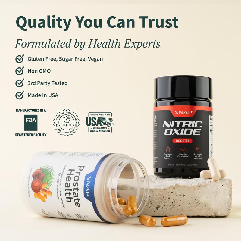 Snap Supplements - Nitric Oxide Booster 90ct + Prostate Health Bundle - Natural Supplement Capsules - Support Blood Circulation & Prostate Health