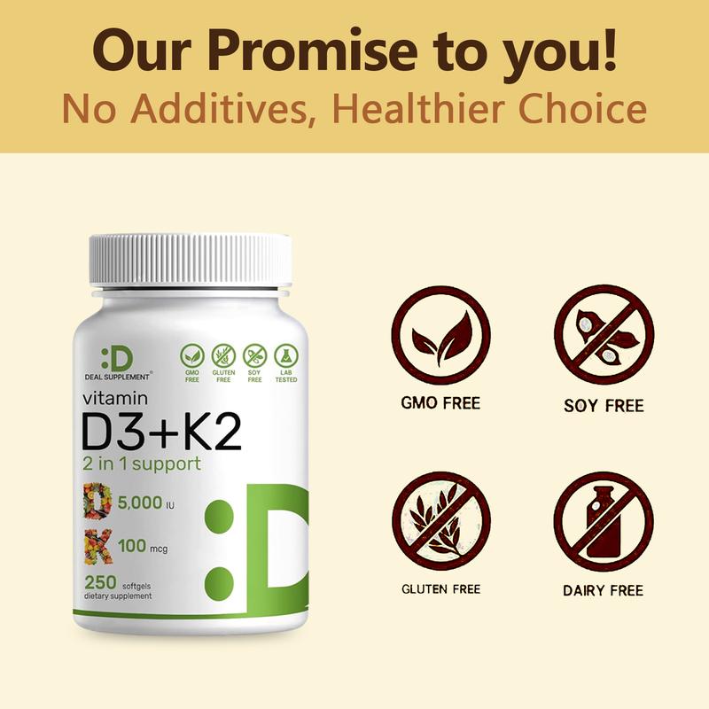 Deal Supplement Vitamin D3 & K2 250 Veggie Softgels 5000 IU D3 100mcg K2 MK7 Supports Healthy Bones Teeth Heart & Immune System Calcium Supplement - Image 4