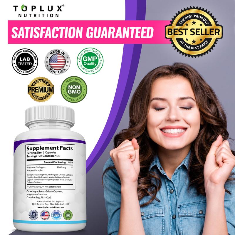Toplux Nutrition Collagen Peptides 5 Types Complex 1800mg US Made Dietary Supplement for Health Beauty Fitness 90 Capsules - Image 5