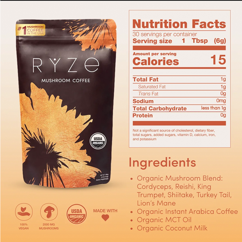 RYZE Mushroom Coffee USDA Organic with 6 Adaptogenic Mushrooms and MCT Oil, USA Grown Instant Coffee for Better Energy, Focus, Digestion, Immunity with Turkey Tail, Shiitake, Lion's Mane, 30 Servings