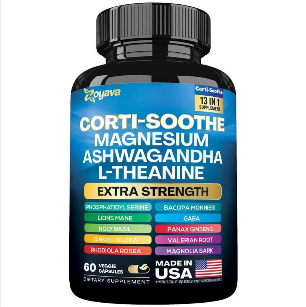 Zoyava Corti-Soothe Supplement, All-in-One Cortisol Supplement with Magnesium, Ashwagandha, L-Theanine & 10+ Extra Strength Ingredients, 60 Capsules, MADE IN USA