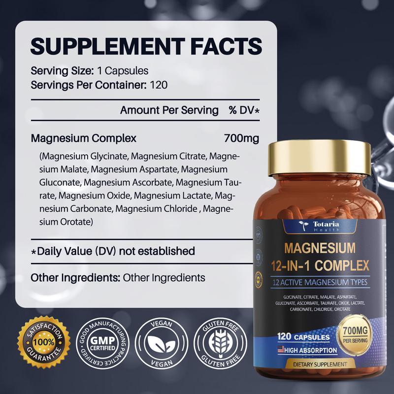 Totaria 12-in-1 Magnesium Complex 700mg - Supplement with Glycinate Citrate Malate Oxide Taurate Aspartate Orotate, Vegan Capsules for Muscle, Heart, and Relaxation Support - Image 7