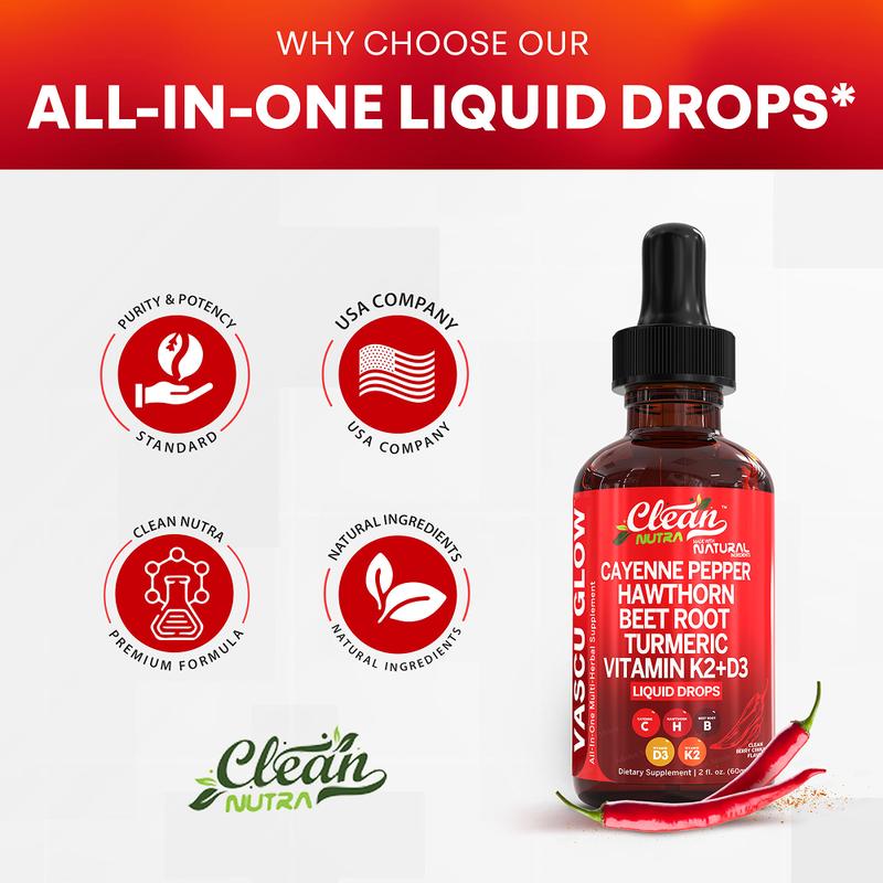 Cayenne Pepper Supplement Liquid Drops + Hawthorn Berry, Vitamin D3 K2 Organic Beet Root Powder, Ceylon Cinnamon, Turmeric Curcumin, Panax Ginseng