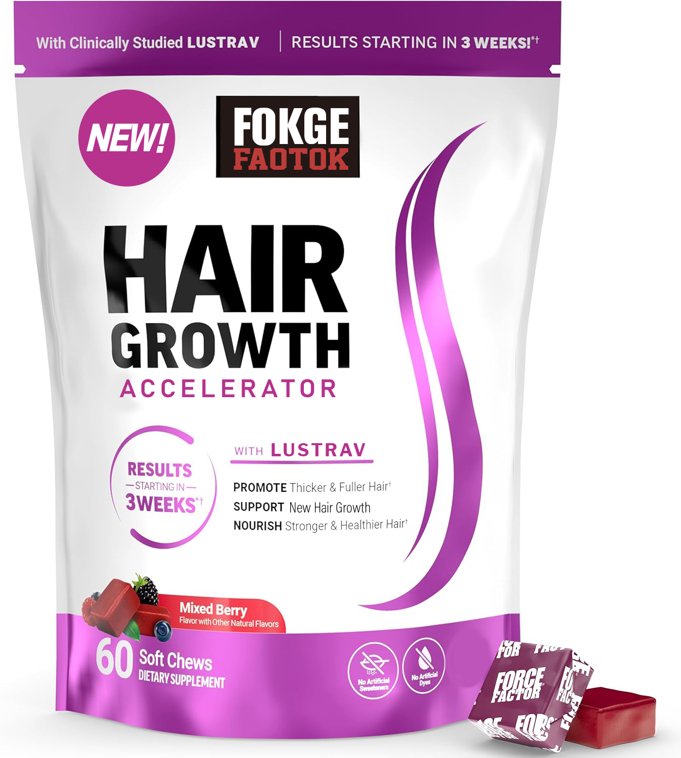 Force Factor Hair Growth Accelerator with Clinically Studied Lustriva to Promote Thicker, Stronger Hair, Biotin, Vitamin E & C, Mixed Berry, 60 Silicon
