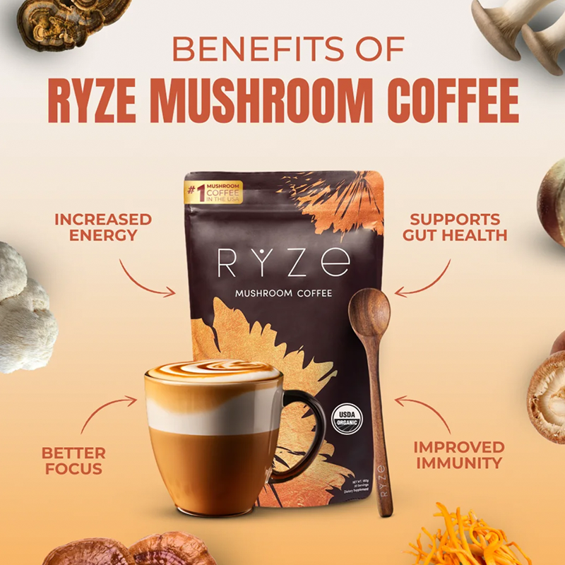 RYZE Mushroom Coffee USDA Organic with 6 Adaptogenic Mushrooms and MCT Oil, USA Grown Instant Coffee for Better Energy, Focus, Digestion, Immunity with Turkey Tail, Shiitake, Lion's Mane, 30 Servings - Image 2