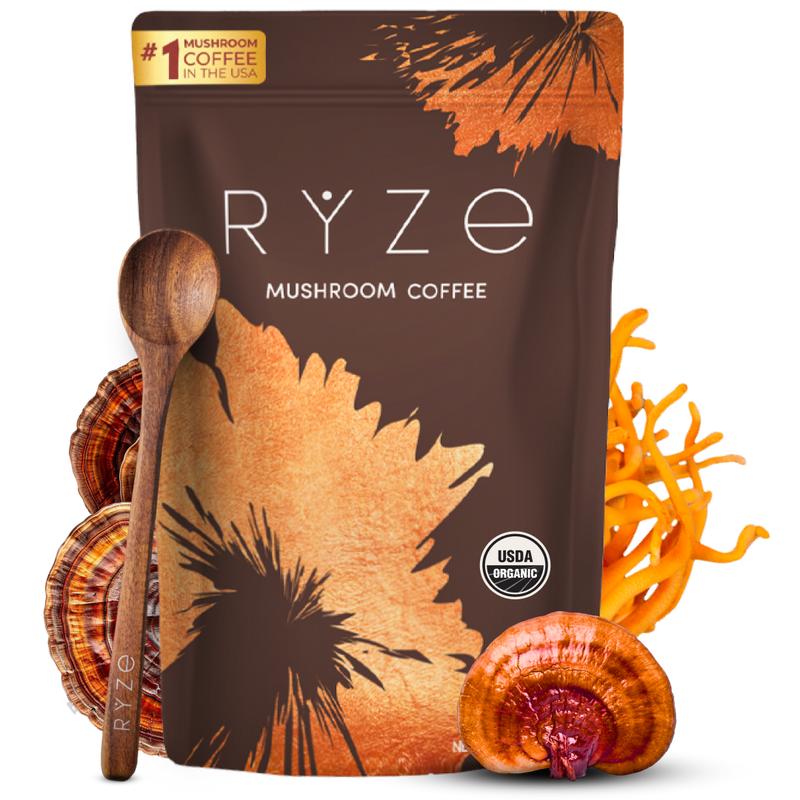RYZE Mushroom Coffee USDA Organic with 6 Adaptogenic Mushrooms and MCT Oil, USA Grown Instant Coffee for Better Energy, Focus, Digestion, Immunity with Turkey Tail, Shiitake, Lion’s Mane, 30 Servings